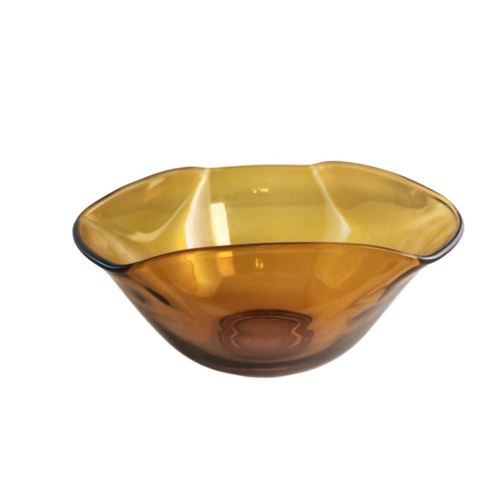 70s Retro Indiana Glass Amber Centerpiece/Serving Bowl Free-Form Tri-Cooner